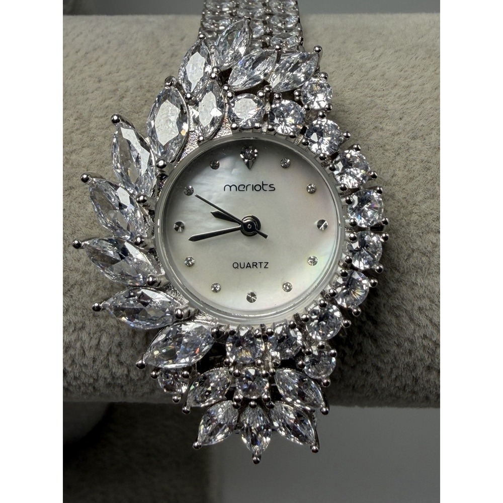 Meriots 3065 New Battery Ladies Crystals MOP Watch 25MM 7" Platinum Plated